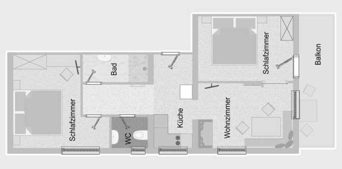Appartement 2 - "Reiterkogel" Plan mit Balkon, 2 Schlafzimmern, Küche, Wohnbereich und getrenntem Bad & WC | © Haus Tannenblick