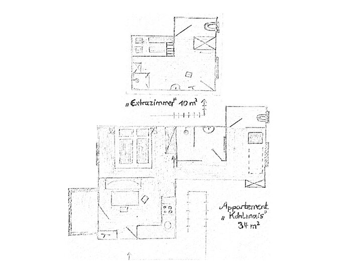 Appartement 3 - "Kohlmais" Plan mit Balkon, 1 Schlafzimmern, Küche, Wohnbereich und getrenntem Bad & WC sowie ein Extrazimmer mit Stockbett, Dusche und WC | © Haus Tannenblick