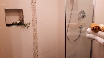 Eine Aufnahme der Dusche im Badezimmer des Appartement 3 - "Kohlmais" | © Haus Tannenblick