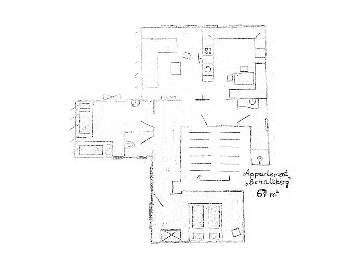 Appartement 4 - "Schattberg" Plan mit 2 Schlafzimmern, Küche mit Sitzecke, Wohnbereich und getrenntem Bad & WC | © Haus Tannenblick