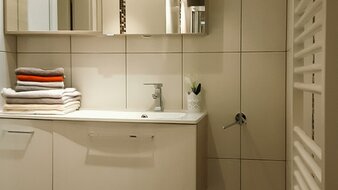 Ein Blick in das Badezimmer von Appartement 4 - "Schattberg" mit Waschbecken, Handtuchtrockner und Dusche | © Haus Tannenblick