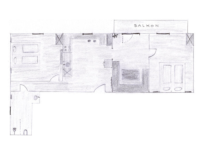 Appartement 5 - "Anthony" Plan mit Balkon, 2 Schlafzimmern, Küche mit Sitzbank, Wohnbereich und Bad & WC | © Haus Tannenblick