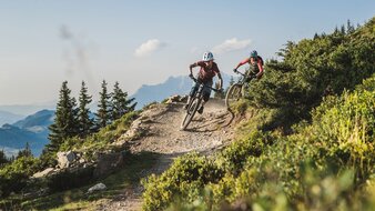 Ein Mountainbiker Pärchen fährt entlang des Hacklbergtrails mit atemberaubendem Bergpanorama | © saalbach.com - Mia Knoll